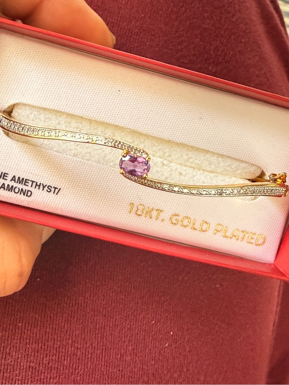 PAJ 18K Gold Plated Genuine Amethyst & Diamond Bangle Bracelet
